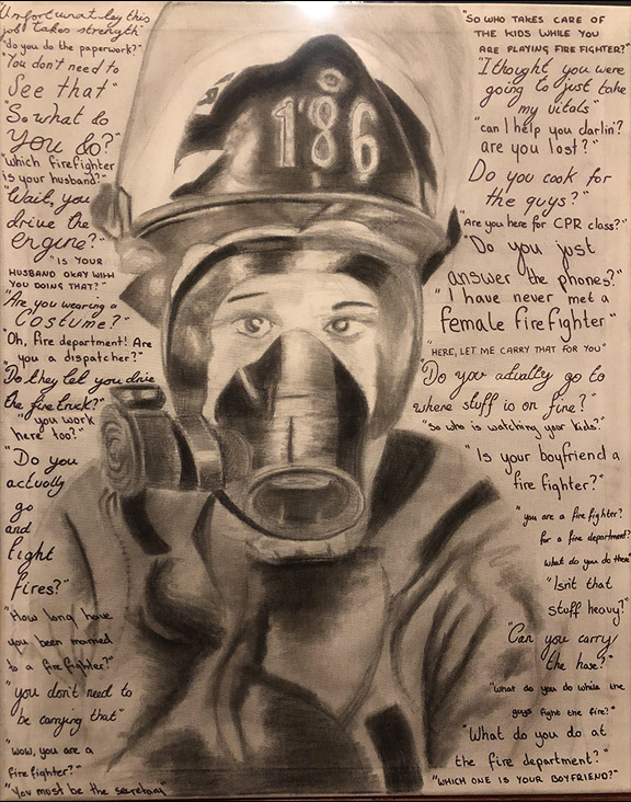 Drawing of a female firefighter with biased comments written around her.