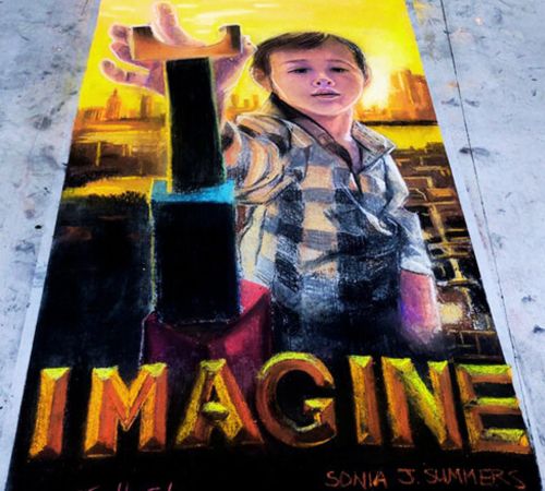 A chalk art design showing a child build with blocks and the word "Imagine" in bold golden letters.