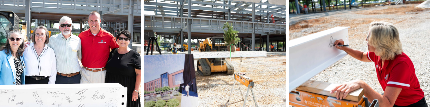 A group of photos showing people at a construction site.